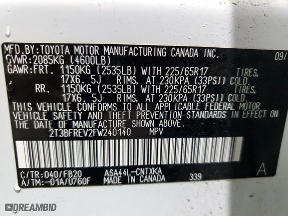 2015 Toyota RAV4 LE with VIN 2T3BFREV2FW240140, listed as a Copart auction lot 49769645 with 40,001 mi miles and Salvage Title. Bid and sale history available at carsss.com. Image 13.