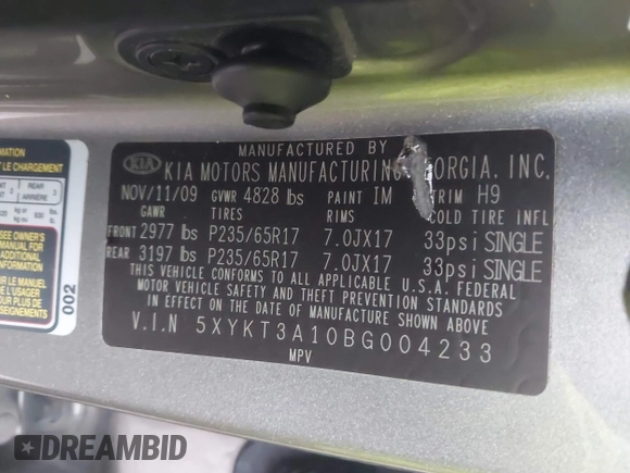 2011 Kia Sorento LX with VIN 5XYKT3A10BG004233, listed as a IAAI auction lot 42477034 with 239,555 mi miles and . Bid and sale history available at DreamBid. Image 9.