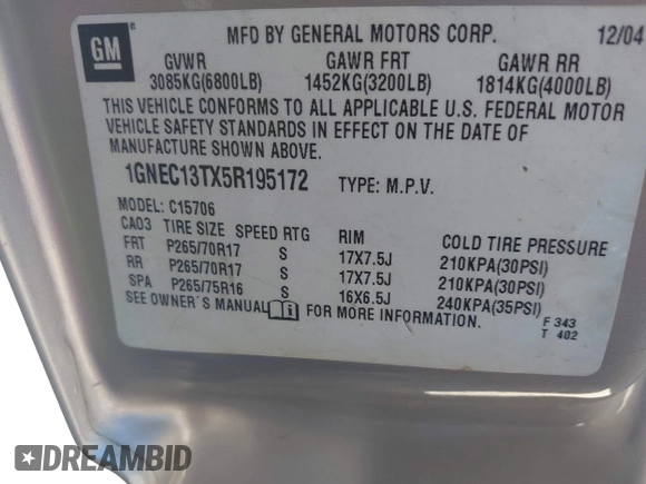2005 Chevrolet Tahoe Z71 z VIN 1GNEC13TX5R195172, wystawiony jako IAAI lot #42080152 z przebiegiem 132 905 mil mil oraz . Historia ofert i sprzedaży dostępna na DreamBid. Obrazek 9.