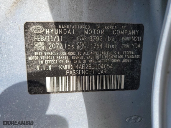 2011 Hyundai Elantra Ltd with VIN KMHDH4AE2BU104654, listed as a Copart auction lot 50152785 with 110,478 mi miles and Salvage Title. Bid and sale history available at carsss.com. Image 12.