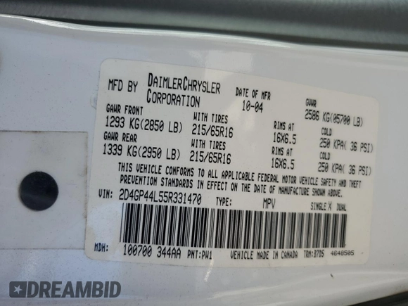 2005 Dodge Caravan SXT with VIN 2D4GP44L55R331470, listed as a Copart auction lot 53113855 with 98,398 mi miles and Salvage title. Bid and sale history available at DreamBid. Image 13.