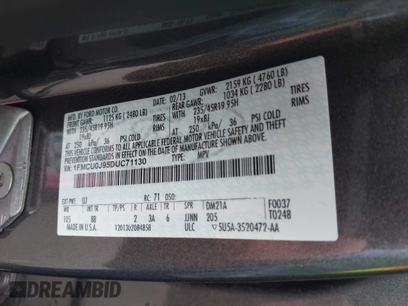 2013 Ford Escape Titanium with VIN 1FMCU0J95DUC71130, listed as a IAAI auction lot 42072032 with 144,054 mi miles and . Bid and sale history available at carsss.com. Image 9.