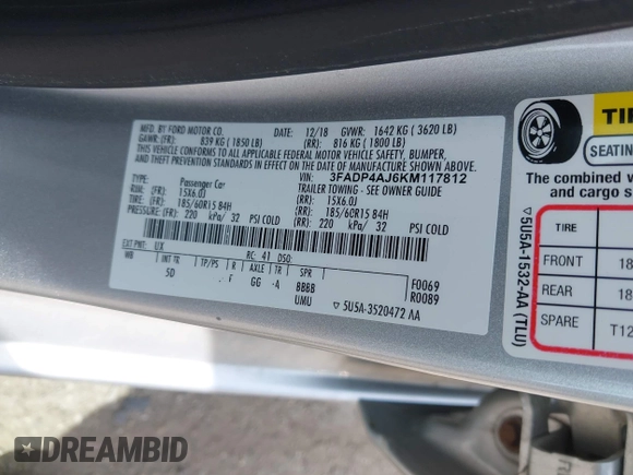 2019 Ford Fiesta S with VIN 3FADP4AJ6KM117812, listed as a IAAI auction lot 42713423 with 122,115 mi miles and . Bid and sale history available at DreamBid. Image 9.