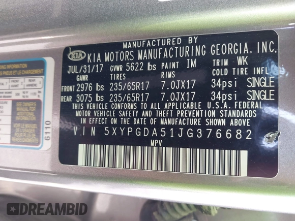 2018 Kia Sorento LX V6 with VIN 5XYPGDA51JG376682, listed as a IAAI auction lot 41914856 with 116,428 mi miles. Bid and sale history available at carsss.com. Image 9.