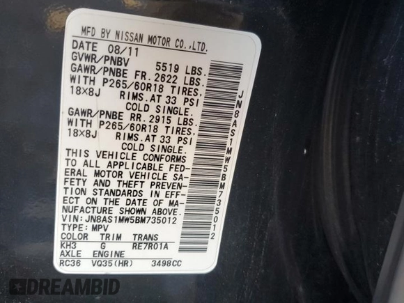 2011 Infiniti FX with VIN JN8AS1MW5BM735012, listed as a Copart auction lot 57234155 with 84,258 mi miles and Salvage title. Bid and sale history available at DreamBid. Image 13.