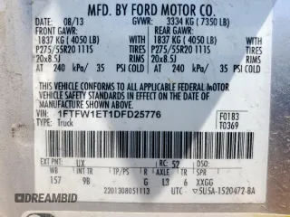 2013 Ford F-150 XL with VIN 1FTFW1ET1DFD25776, listed as a Copart auction lot 61003205 with 117,241 mi miles and Clean title. Bid and sale history available at DreamBid. Image 12.