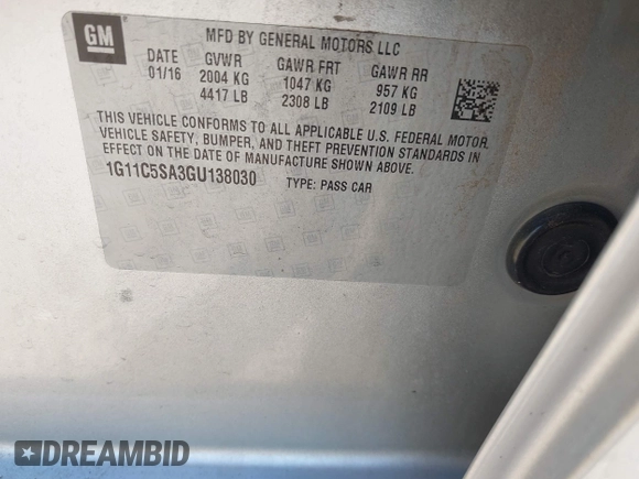 2016 Chevrolet Malibu Limited LT with VIN 1G11C5SA3GU138030, listed as a IAAI auction lot 42034241 with 163,493 mi miles. Bid and sale history available at carsss.com. Image 9.