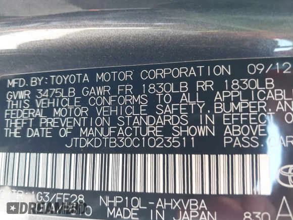 2012 Toyota Prius One with VIN JTDKDTB30C1023511, listed as a IAAI auction lot 42778754 with 168,321 mi miles and . Bid and sale history available at DreamBid. Image 9.