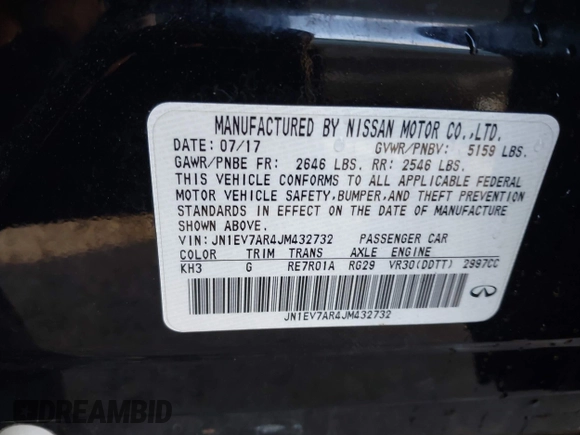 2018 Infiniti Q50 3.0t SPORT with VIN JN1EV7AR4JM432732, listed as a IAAI auction lot 41405057 with 132,046 mi miles. Bid and sale history available at carsss.com. Image 9.