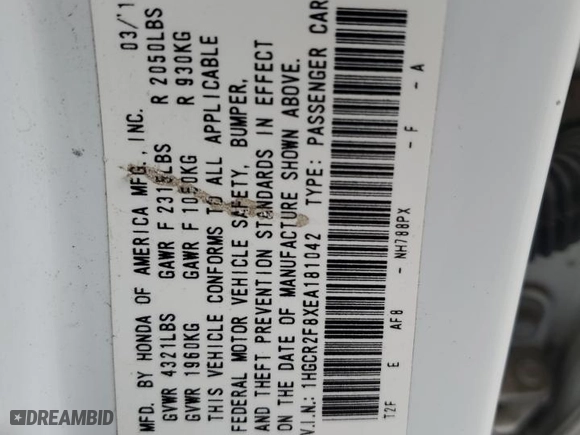 2014 Honda Accord Sedan EX-L with VIN 1HGCR2F8XEA181042, listed as a Copart auction lot 48232695 with 166,566 mi miles and Salvage Title. Bid and sale history available at carsss.com. Image 12.