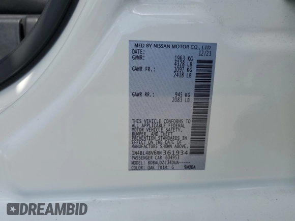 2024 Nissan Altima S with VIN 1N4BL4BV6RN361934, listed as a Copart auction lot 51211745 with 36,905 mi miles and Salvage Title. Bid and sale history available at carsss.com. Image 12.