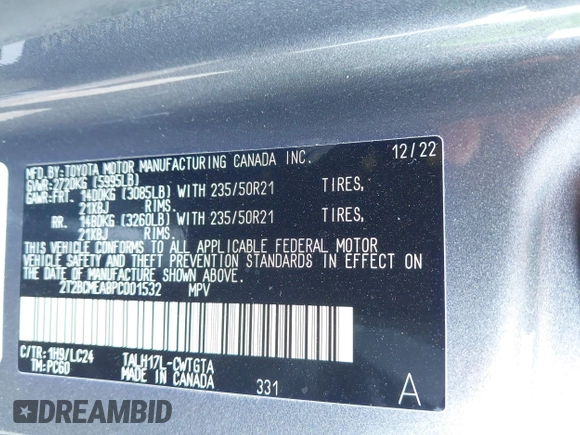 2023 Lexus RX 500h F Sport Performance with VIN 2T2BCMEA8PC001532, listed as a IAAI auction lot 42674608 with 22,051 mi miles and . Bid and sale history available at DreamBid. Image 9.