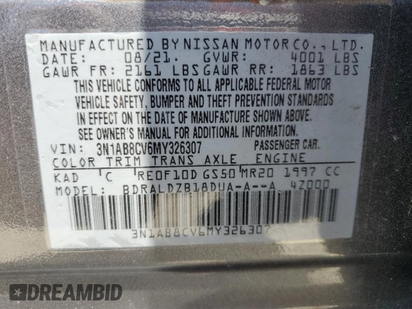 2021 Nissan Sentra SV with VIN 3N1AB8CV6MY326307, listed as a Copart auction lot 61548615 with 79,216 mi miles and Salvage title. Bid and sale history available at DreamBid. Image 13.