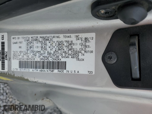 2012 Toyota Tacoma z VIN 5TFUU4EN4CX045438, wystawiony jako Copart lot #57255035 z przebiegiem 171 768 mil mil oraz Szkoda całkowita • Salvage title. Historia ofert i sprzedaży dostępna na DreamBid. Obrazek 13.