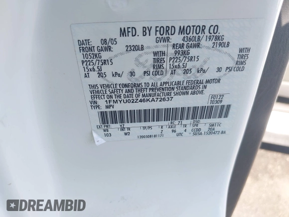 2006 Ford Escape XLS with VIN 1FMYU02Z46KA72637, listed as a IAAI auction lot 42336034 with 199,382 mi miles and . Bid and sale history available at DreamBid. Image 9.