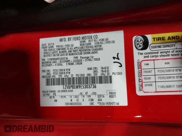 2014 Ford Mustang V6 with VIN 1ZVBP8EM9E5303736, listed as a IAAI auction lot 41895487 with 130,149 mi miles. Bid and sale history available at carsss.com. Image 9.