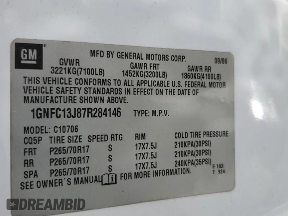 2007 Chevrolet Tahoe LS with VIN 1GNFC13J87R284146, listed as a Copart auction lot 49843285 with 252,038 mi miles and Salvage title. Bid and sale history available at DreamBid. Image 13.