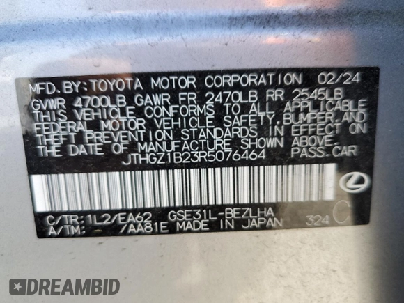 2024 Lexus IS 350 F Sport with VIN JTHGZ1B23R5076464, listed as a Copart auction lot 63102715 with 3,916 mi miles and Salvage title. Bid and sale history available at DreamBid. Image 12.