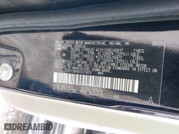 2006 Toyota Sequoia Limited with VIN 5TDZT38AX6S275829, listed as a IAAI auction lot 39725730 with 310,011 mi miles and . Bid and sale history available at DreamBid. Image 9.