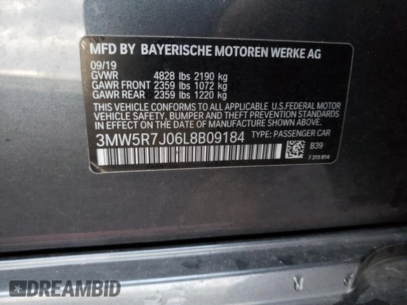 2020 BMW 3 Series 330i xDrive with VIN 3MW5R7J06L8B09184, listed as a Copart auction lot 69481952 with 57,750 mi miles and . Bid and sale history available at DreamBid. Image 14.