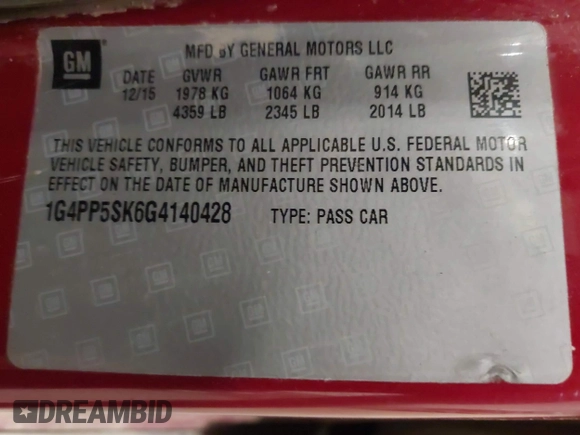 2016 Buick Verano with VIN 1G4PP5SK6G4140428, listed as a IAAI auction lot 41972704 with 155,516 mi miles. Bid and sale history available at carsss.com. Image 9.