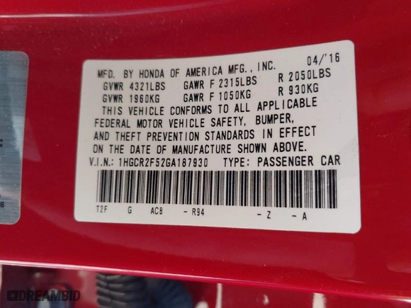 2016 Honda Accord Sedan Sport with VIN 1HGCR2F52GA187930, listed as a IAAI auction lot 41570895 with 91,268 mi miles. Bid and sale history available at carsss.com. Image 9.