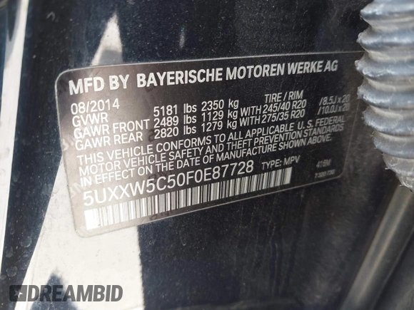 2015 BMW X4 xDrive35i with VIN 5UXXW5C50F0E87728, listed as a IAAI auction lot 41819628 with 136,042 mi miles and . Bid and sale history available at DreamBid. Image 9.