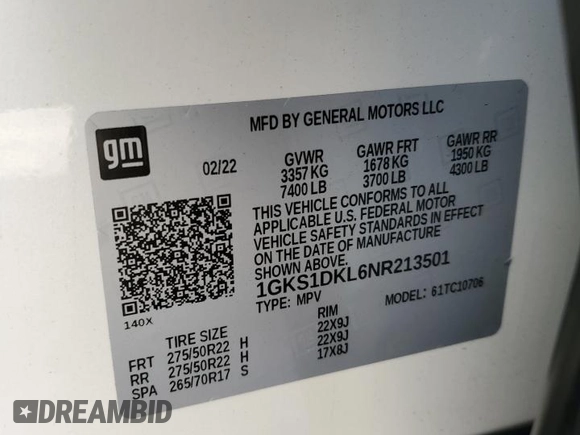 2022 GMC Yukon Denali with VIN 1GKS1DKL6NR213501, listed as a Copart auction lot 71684664 with 39,543 mi miles and Salvage Title. Bid and sale history available at carsss.com. Image 15.