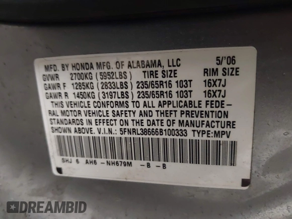 2006 Honda Odyssey EX-L с VIN 5FNRL38666B100333, выставлен на аукционе IAAI как лот 41859437 с пробегом 120 379 миль миль и . История ставок и продаж доступна на DreamBid. Изображение 9.