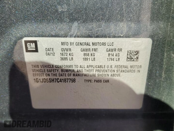 2012 Chevrolet Sonic LT with VIN 1G1JD5SH7C4187798, listed as a Copart auction lot 49811815 with 150,763 mi miles and Salvage title. Bid and sale history available at DreamBid. Image 13.