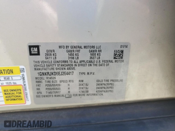 2014 Chevrolet Traverse LTZ with VIN 1GNKRJKD6EJ264417, listed as a Copart auction lot 50488115 with 151,497 mi miles and Salvage Title. Bid and sale history available at DreamBid. Image 13.