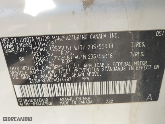 2015 Toyota RAV4 Limited with VIN 2T3DFREV0FW344487, listed as a IAAI auction lot 41792630 with 89,214 mi miles. Bid and sale history available at carsss.com. Image 9.