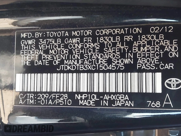 2012 Toyota Prius One with VIN JTDKDTB3XC1504575, listed as a IAAI auction lot 41866455 with 168,254 mi miles and . Bid and sale history available at DreamBid. Image 9.