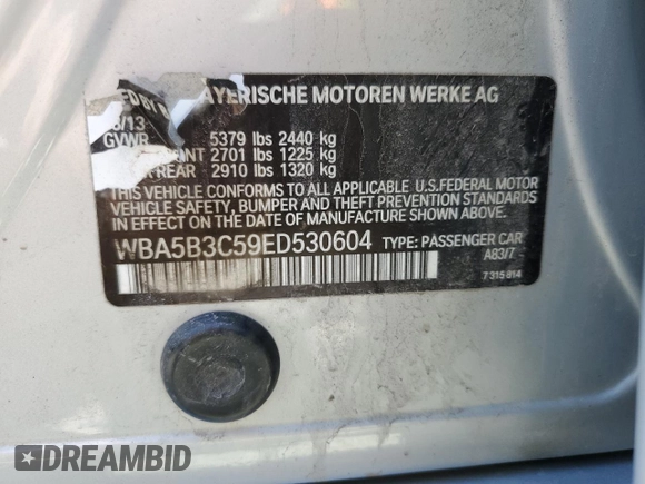 2014 BMW 5 Series 535i xDrive с VIN WBA5B3C59ED530604, выставлен на аукционе Copart как лот 52017335 с пробегом 139 613 миль миль и Списание • Salvage title. История ставок и продаж доступна на DreamBid. Изображение 12.