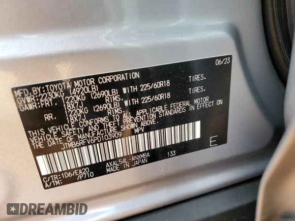 2023 Toyota RAV4 Hybrid XLE Premium with VIN JTMB6RFV6PD103909, listed as a Copart auction lot 46702505 with 8,237 mi miles and Salvage Title. Bid and sale history available at carsss.com. Image 13.