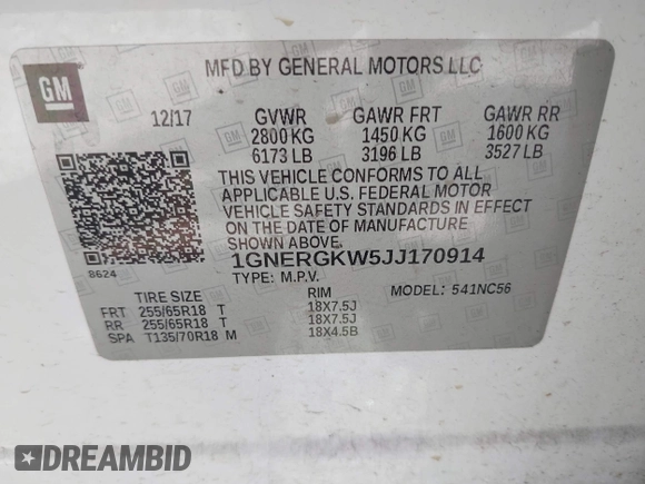 2018 Chevrolet Traverse LT Cloth with VIN 1GNERGKW5JJ170914, listed as a IAAI auction lot 41942217 with 193,295 mi miles. Bid and sale history available at carsss.com. Image 9.