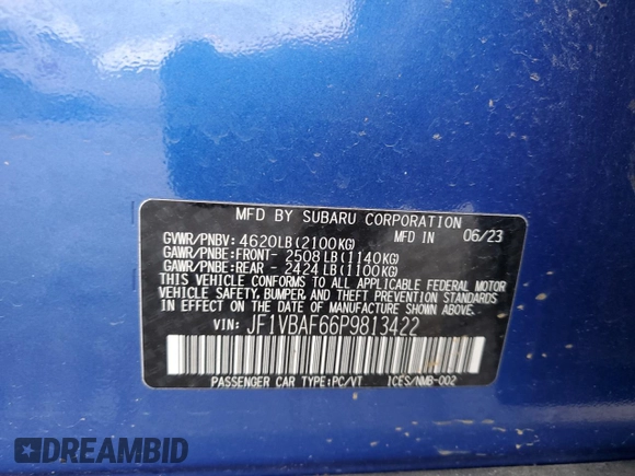 2023 Subaru WRX Premium with VIN JF1VBAF66P9813422, listed as a Copart auction lot 53301575 with 6,630 mi miles and Salvage title. Bid and sale history available at DreamBid. Image 12.