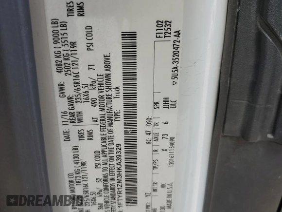 2017 Ford Transit с VIN 1FTYR1ZM3HKA39329, выставлен на аукционе Copart как лот 56857545 с пробегом 58 967 миль миль и Списание • Salvage title. История ставок и продаж доступна на DreamBid. Изображение 13.