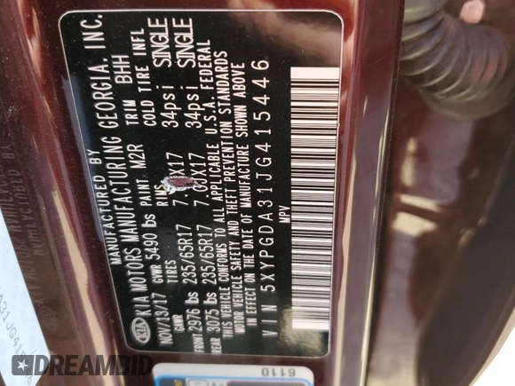 2018 Kia Sorento LX with VIN 5XYPGDA31JG415446, listed as a Copart auction lot 50805425 with 109,842 mi miles and Salvage Title. Bid and sale history available at carsss.com. Image 15.