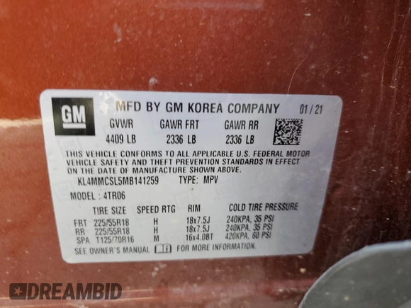 2021 Buick Encore GX Preferred с VIN KL4MMCSL5MB141259, выставлен на аукционе Copart как лот 54479185 с пробегом 56 937 миль миль и Списание • Salvage title. История ставок и продаж доступна на DreamBid. Изображение 14.