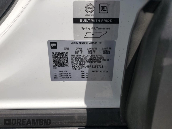 2023 GMC Acadia SLT with VIN 1GKKNML46PZ155713, listed as a Copart auction lot 52721385 with 43,801 mi miles and Non Repairable. Bid and sale history available at DreamBid. Image 14.