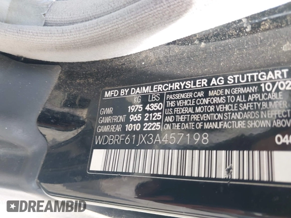 2003 Mercedes-Benz C 240 with VIN WDBRF61JX3A457198, listed as a IAAI auction lot 42380809 with 251,167 mi miles and . Bid and sale history available at DreamBid. Image 9.