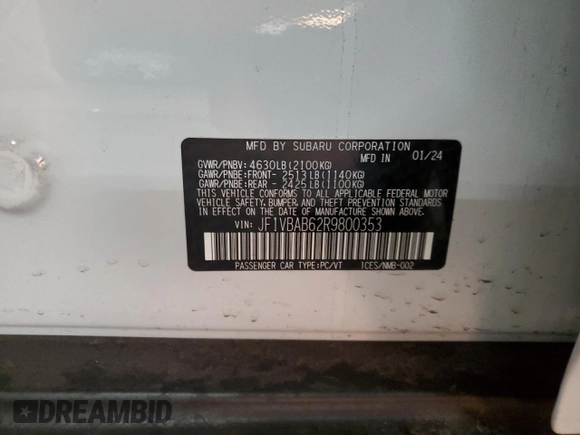 2024 Subaru WRX z VIN JF1VBAB62R9800353, wystawiony jako Copart lot #88165115 z przebiegiem 2 282 mil mil oraz Szkoda całkowita • Salvage title. Historia ofert i sprzedaży dostępna na DreamBid. Obrazek 12.