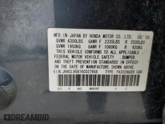 2006 Acura TSX z VIN JH4CL95816C037958, wystawiony jako Copart lot #52563495 z przebiegiem 234 410 mil mil oraz Szkoda całkowita • Salvage title. Historia ofert i sprzedaży dostępna na DreamBid. Obrazek 14.