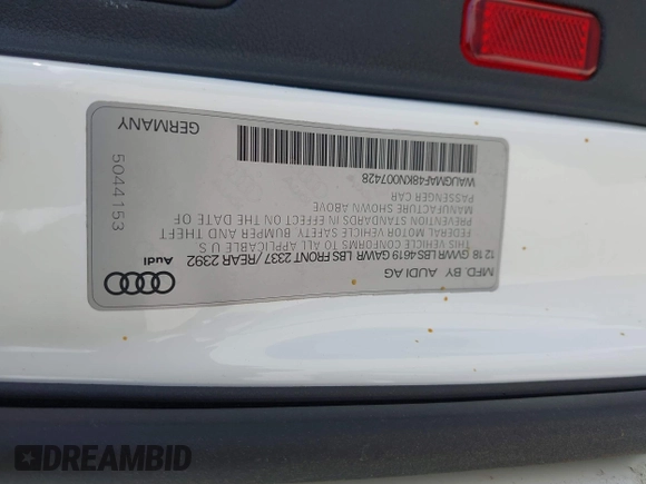 2019 Audi A4 Premium z VIN WAUGMAF48KN007428, wystawiony jako IAAI lot #42311766 z przebiegiem 65 249 mil mil oraz . Historia ofert i sprzedaży dostępna na DreamBid. Obrazek 9.