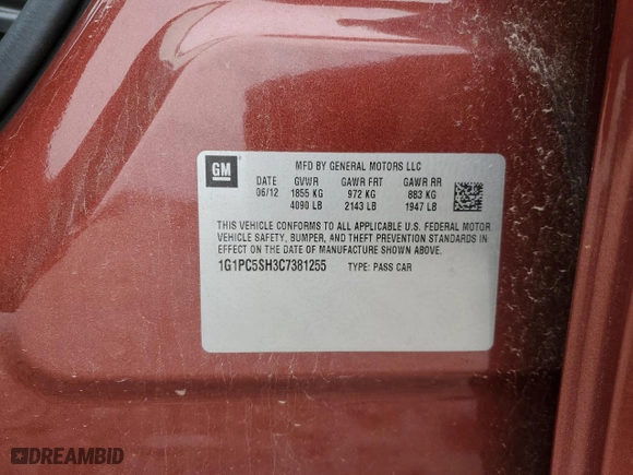 2012 Chevrolet Cruze LS with VIN 1G1PC5SH3C7381255, listed as a Copart auction lot 52920405 with 145,286 mi miles and Clean Title. Bid and sale history available at carsss.com. Image 12.