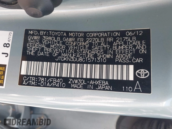 2012 Toyota Prius One z VIN JTDKN3DU8C1571310, wystawiony jako IAAI lot #42367665 z przebiegiem 152 920 mil mil oraz . Historia ofert i sprzedaży dostępna na DreamBid. Obrazek 9.