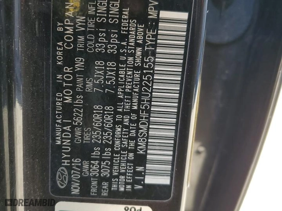 2017 Hyundai Santa Fe SE with VIN KM8SMDHF5HU225155, listed as a Copart auction lot 48468515 with 174,769 mi miles and Salvage Title. Bid and sale history available at carsss.com. Image 13.