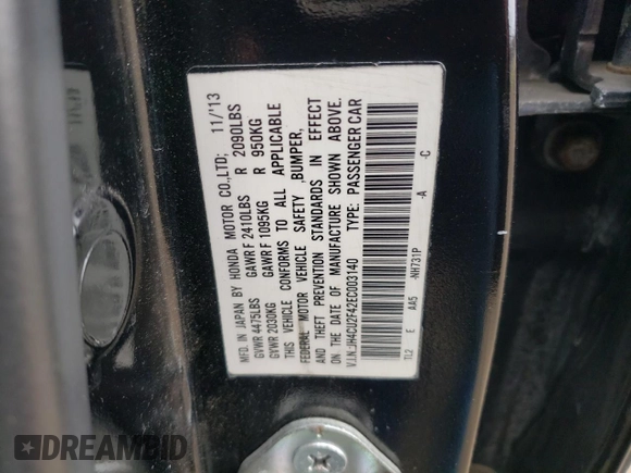2014 Acura TSX with VIN JH4CU2F42EC003140, listed as a Copart auction lot 50141885 with 158,608 mi miles and Salvage title. Bid and sale history available at DreamBid. Image 13.