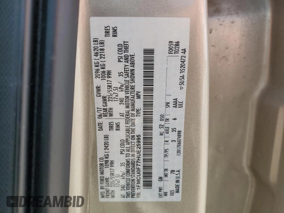2017 Ford Escape S with VIN 1FMCU0F77HUE25995, listed as a Copart auction lot 56180845 with 105,006 mi miles and Salvage title. Bid and sale history available at DreamBid. Image 14.